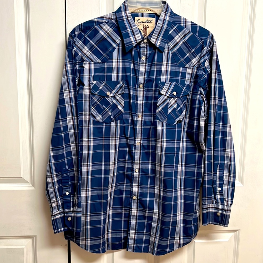 Coastal Shades of Blue Plaid Snap Front Pocket Long Sleeve Shirt Size XL